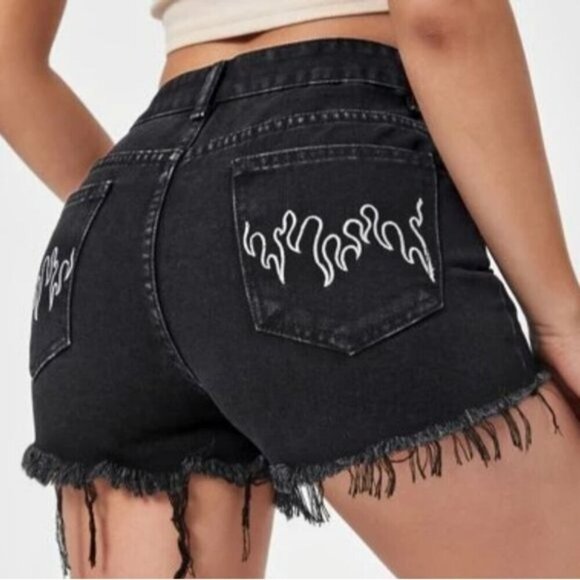 Flame Pocket Detail Black Denim High Rise Black Raw Hem Jean Shorts - Picture 2 of 12